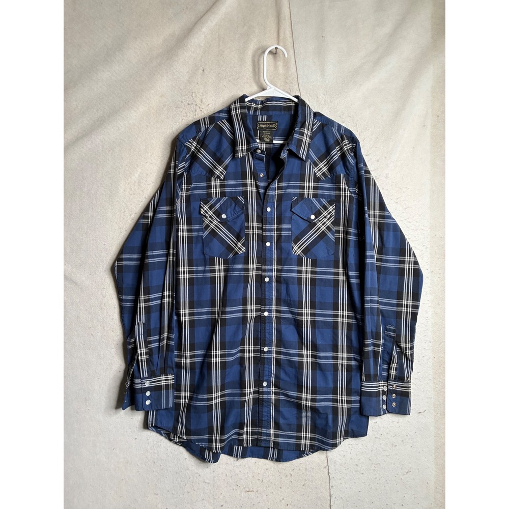High Noon Mens Blue Black Plaid Western Snap Shirt Long Sleeve Large Tall 7896